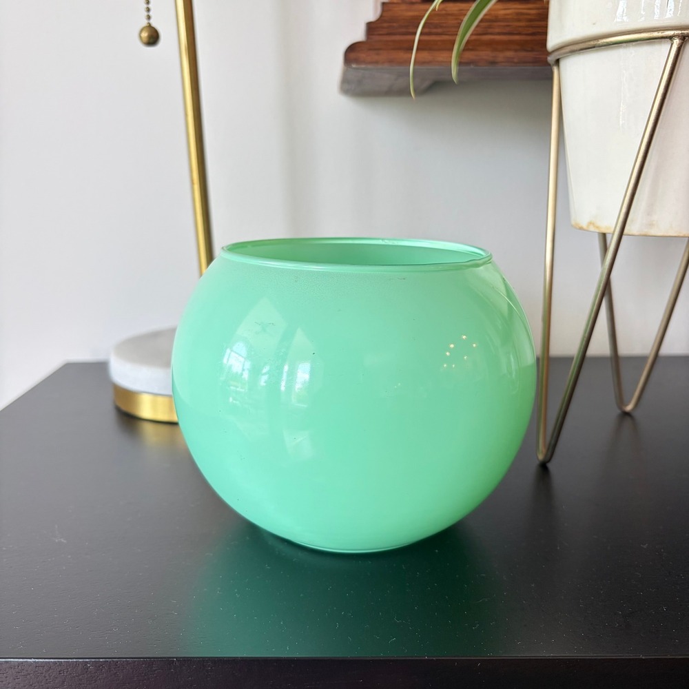 Vintage Green Opaline Glass Vase Round Mid Century Seafoam Mint Art Glass 5.5in